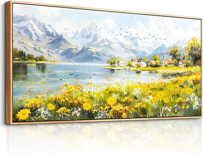 XIGUANGART Oversized Wall Art, Floral Wall Decor, Framed Wall Art, Landscape Mountain Art Prints, Spring Wildflowers Cottage Paintings for Living Room Dining Room Farmhouse Office Hotel 30"x60"