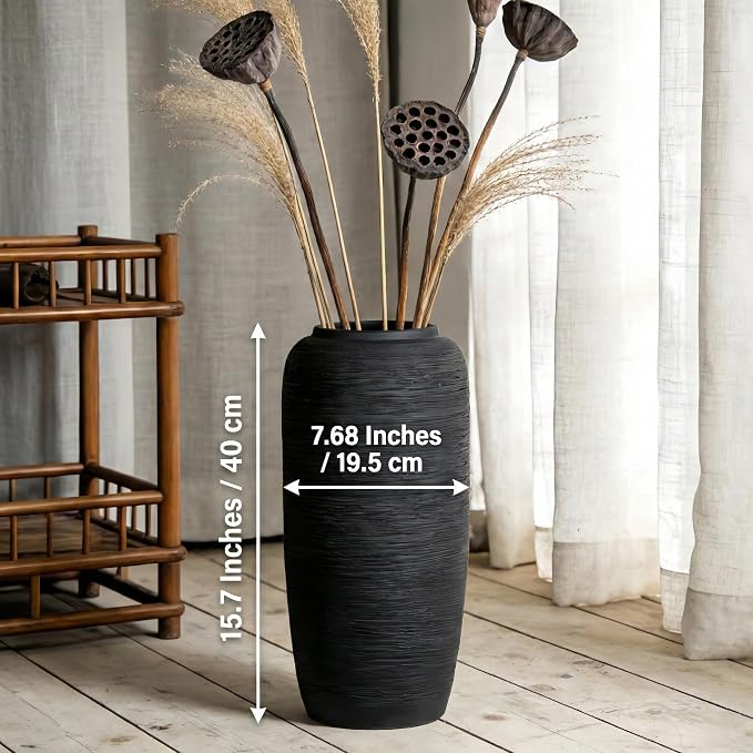 Black Rustic Ceramic Farmhouse Tall Floor Vase,15.7 Inch Vintage Large Vases Pottery Clay Terracotta Rustic Vase for Home Decor Living Room Entryway Table Centerpieces,Kitchen,Housewarming Gifts