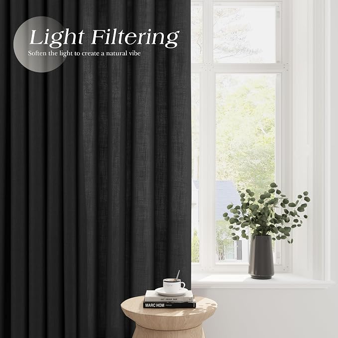 Black Linen Curtains 108 Inches Long for Living Room Extra Long 2 Panels Set Semi Sheer Grommet High Window Curtain 9ft Privacy Bedroom Decor Textured Linen Blend Drapery for Living Room 52X108