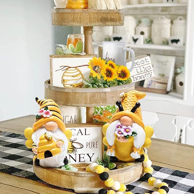Hodao Bee Gnomes Set of 2 - Honey Bee Day Resin Statues, Summer Spring Gnome Figurines Decor for Home Kitchen Tiered Tray, Cute Bumble Bee Bumblebee Decorations for Table Office Garden Shelf, 4.3" H