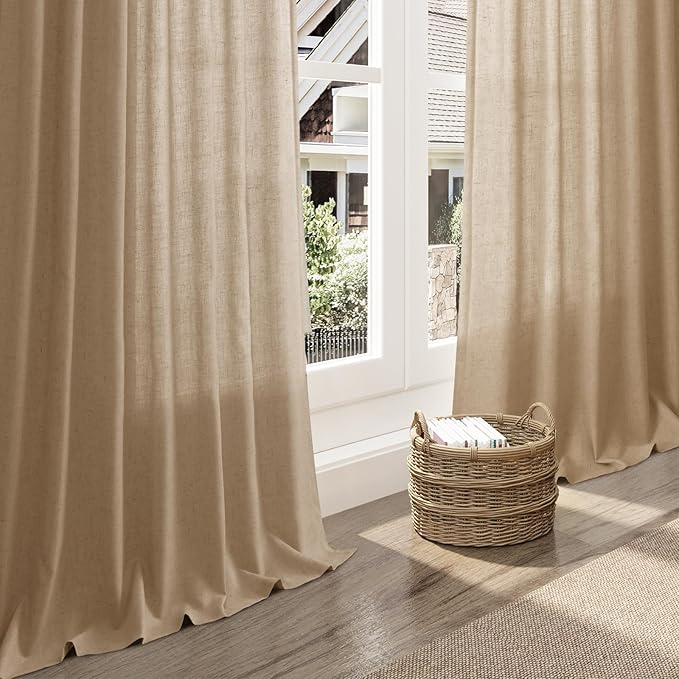 Sand Beige Linen Curtains for Living Room 94 Inches Long Simple Modern Light Filtering Semi Sheer Curtain Back Tab Rustic Farmhouse Luxury Home Decor Drapes for Bedroom Dinner Room 52x94, 2 Panels