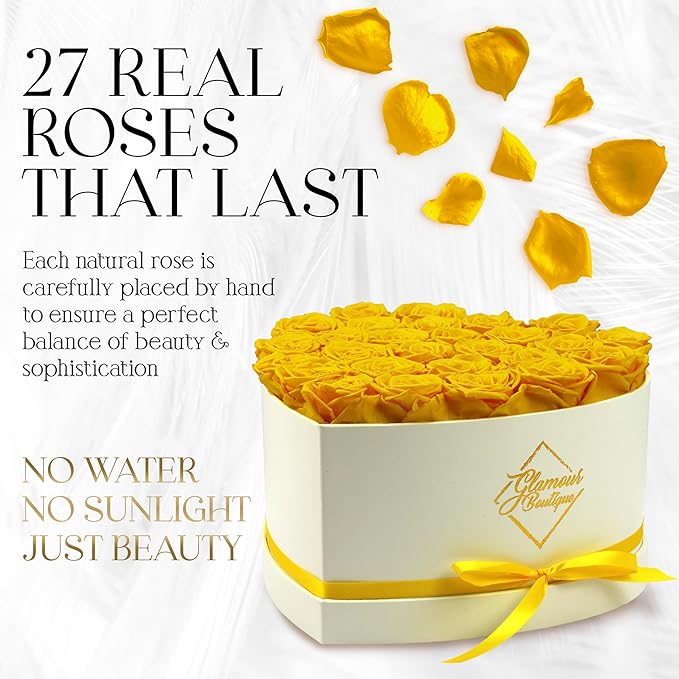 GLAMOUR BOUTIQUE Preserved Roses in a Box - Gifts for Her, Wife & Mom, Rose Flowers Forever Decor for Birthday Gift, Get Well Flower Bouquet Cased in White Box with Cover - Yellow - 27 (Color-Treated)