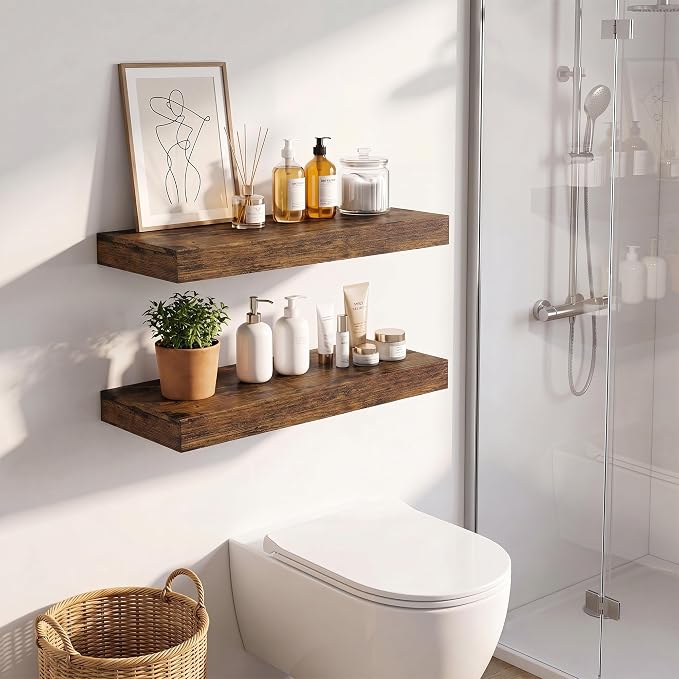 Vivelove Wall Floating Shelves for Display with Invisible Brackets, 24 Inch Floating Shelves for Bedroom Bathroom Living Room Kitchen Office, 24”X 8" X 1.4", Set of 2 - Rustic Brown