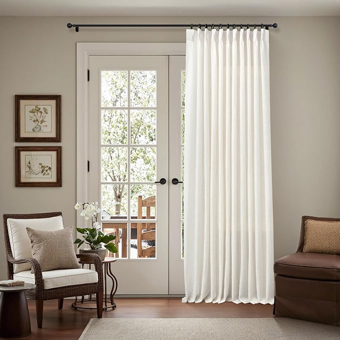 Light Filtering Natural Linen Pleated Curtains 63 Inches Long Ivory Cream Linen Curtain 70 Inch Wide Textured Semi Sheer Back Tab Boho Pinch Pleat Drape for Bedroom Living Room 2 Panels 70 x 63 Length