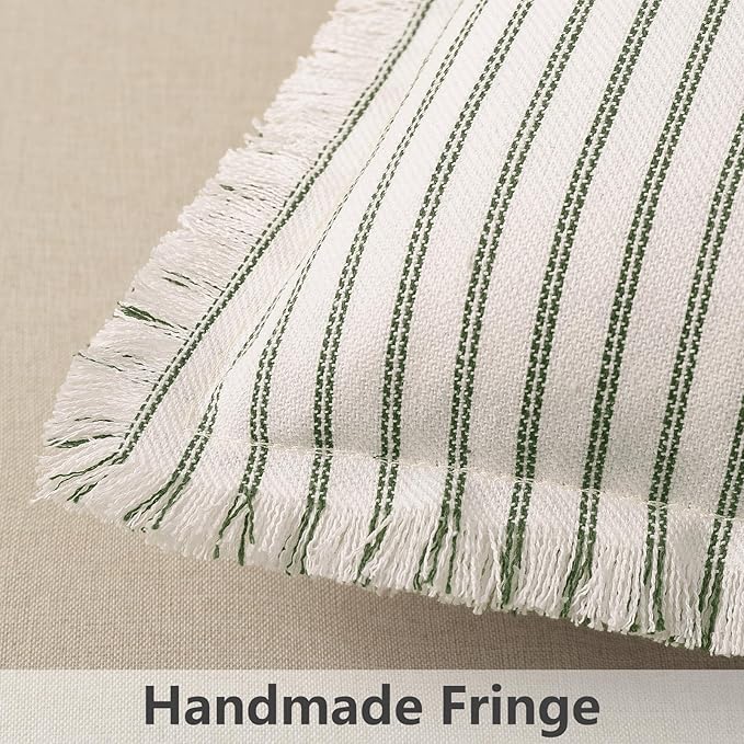 ZWJD Throw Pillow Covers 18x18 Set of 2 Striped Pillow Covers with Fringe Chic Cotton Decorative Pillows Square Cushion Covers for Sofa Couch Bed Living Room Farmhouse Decor (Olive Green)