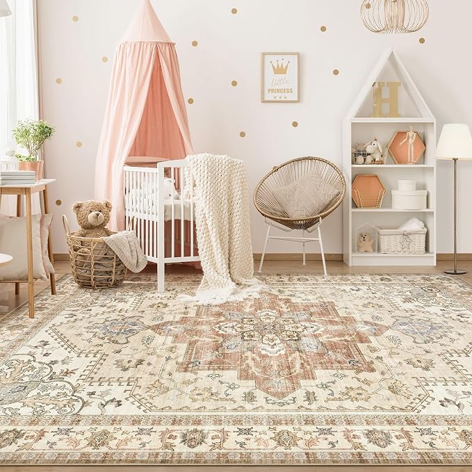 Tortania Area Rug Living Room Rugs - 6x9 Washable Boho Rug Vintage Oriental Distressed Farmhouse Large Thin Indoor Carpet for Living Room Bedroom Under Dining Table Home Office - Rust/Cream