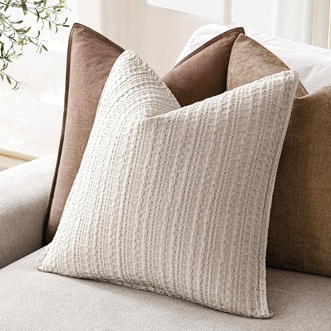 Foindtower Set of 2 Decorative Cotton Waffle Weave Throw Pillow Covers Euro Shams Cushion Covers Accent European Pillowcase for Bed Couch Sofa Bedroom Living Room Home Decor 26×26 Inch Oatmeal
