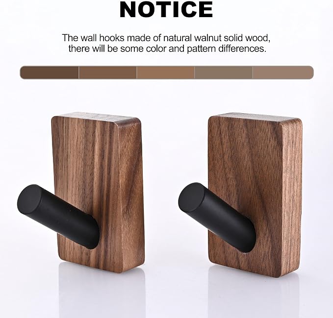 6 Pack Wooden Wall Hooks for Hanging, Adhesive Mounted & Wall Mounted Boho Decorative Walnut Wood Coat Hooks for Towel Clothes Blanket Hat Backpack Robe Nursery Door Board Entryway Key Holder