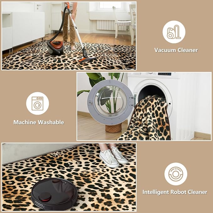 DweIke Leopard Print Rug for Living Room, Machine Washable 8x10 Cheetah Area Rugs for Bedroom, Non-Slip Low Pile Animal Hide Carpet with Rubber Backing for Dining Room Kitchen Home Decor,White Brown