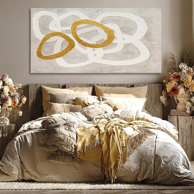 Dolidoteart Canvas Wall Art, Beige White Gold Abstract Wall Art Print, Hand-Painted Style Horizontal Artwork for Living Room Bedroom Office, 24x48 Inch