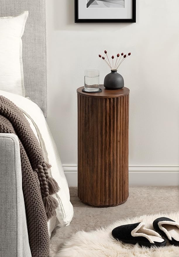 Kate and Laurel Reid Modern Wooden Ribbed Drink Table; 10 x 10 x 22; Walnut Brown; Solid Wood Mini Table for Use as Pedestal Plant Stand Indoors or Small Nightstand Option