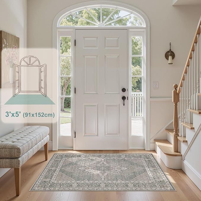 Tortania Area Rug Living Room Rugs - 3x5 Washable Rug Vintage Oriental Distressed Farmhouse Small Thin Indoor Carpet for Living Room Bedroom Under Dining Table Home Office - Green Gray
