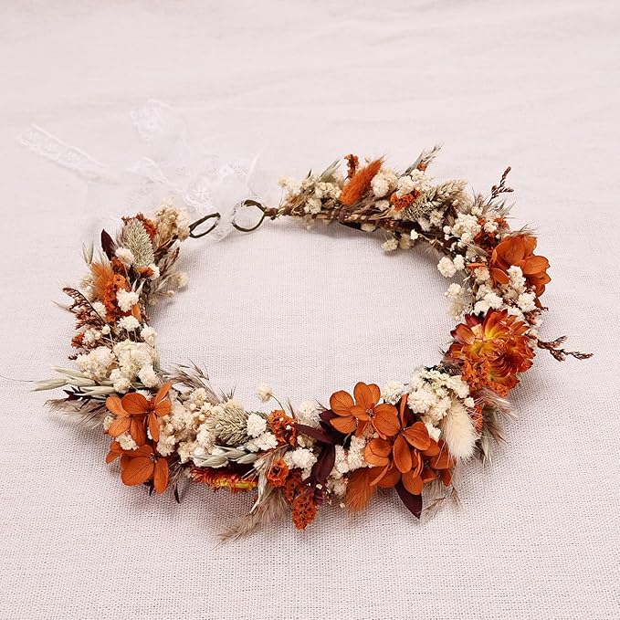 Preserved Dried Flower Crown,Burnt Orange Terracotta Cream, Rustic Wedding Wreath Headband for Brides Bridesmaids Maternity Family Photography