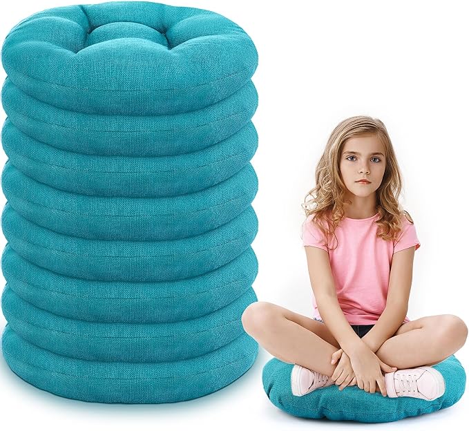 Fumete 8 Pcs 16 Inch Floor Cushions Pillow for Kids Bulk Classroom Round Flexible Seating Floor Cushions for Students Home Daycare School Reading Corner Yoga Meditation Picnic (Turquoise)