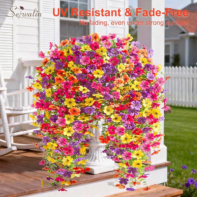 Serwalin 12PCS Artificial Hanging Flowers for Outdoors, UV Resistant Fake Hanging Plants, Realistic Weatherproof Outdoor Decor for Patio,Garden & Window (Yellow, Hot Pink, Purple &Orange,12PCS)