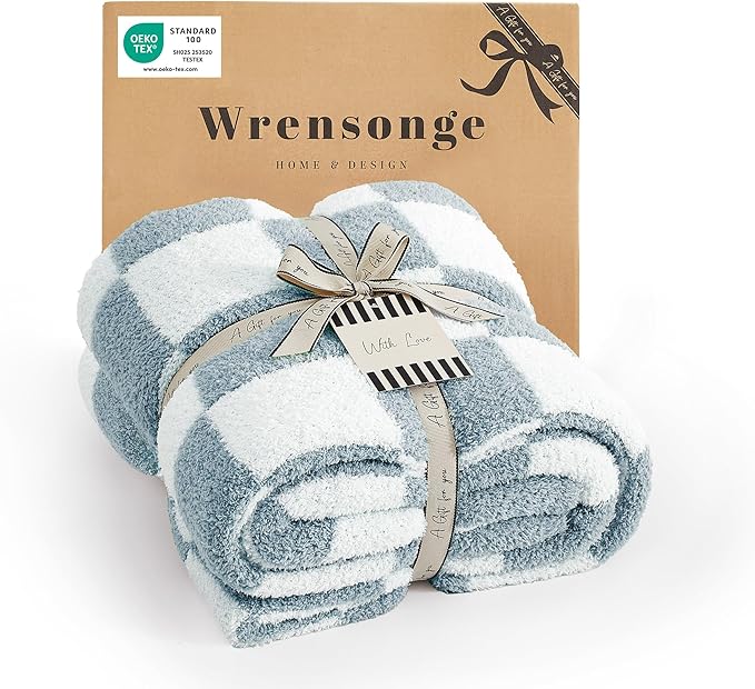 WRENSONGE Soft Checkered Throw Blanket for Couch-Cozy Warm Knitted Blankets | Lightweight Warm Fluffy Decor for Women, Mom, Her & Girls, Sofa, Chair, Bed, 50x60in,Grey Blue