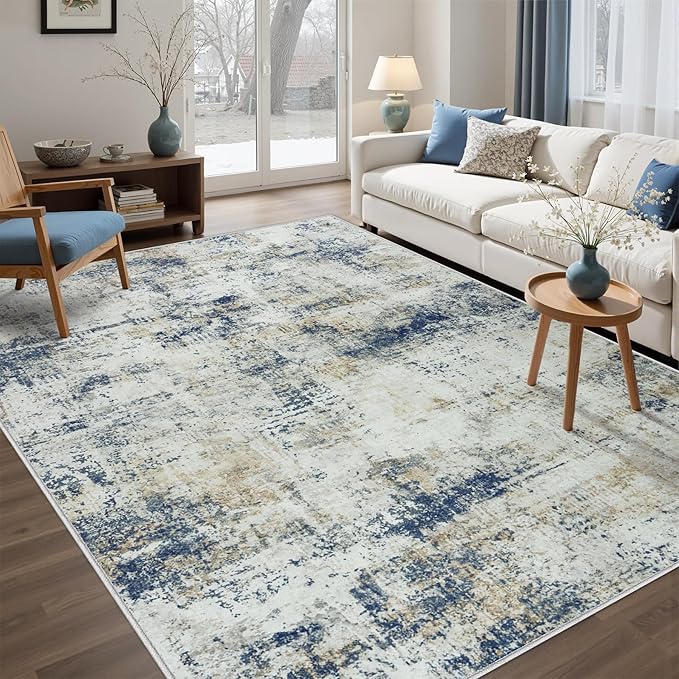 Washable Rug 6x9 Area Rugs: Soft Large Living Room Rug with Anti-Slip Backing Non-Shedding Stain-Resistant Modern Abstract Carpet for Bedroom Dining Room Nursery Home Office Blue Brown