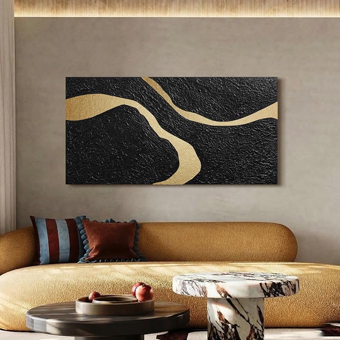 Large Horizontal Abstract Black & Gold Canvas Wall Art, Modern Wall Decor | Neutral Oil Textured Painting, Minimalist Contemporary Artwork for Living Room Bedroom Office Hallway Dining Room, 24x48 In