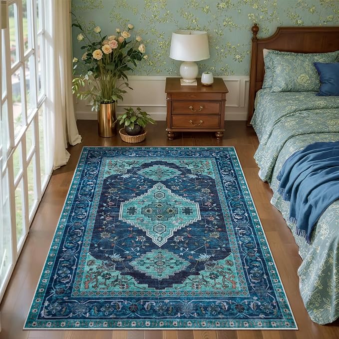 Tangsoo Oriental Teal 3X5 Washable Rugs for Entryway, Non Slip Vintage Indoor Accent Rug Carpet, Boho Soft Low Pile Tumble Rug for Living Room Dining Bedroom Bedside Entry Home Decor