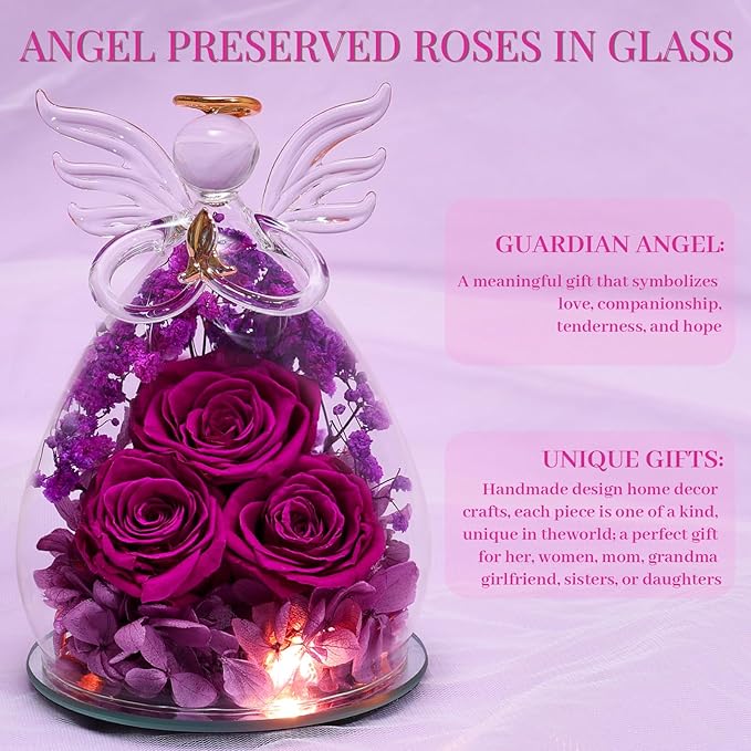 Beferr Mothers Day Mom Birthday Gifts for Women, Fresh Flowers for Delivery Forever Preserved Rose in Glass Angel Figurine, Anniversary Christian Real Rose for Grandma Nana Wife Mum from Daughter Son