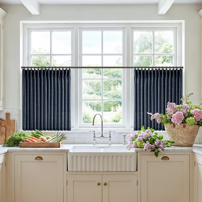 Short Pinch Pleated Curtains 24 Inch Length Navy Blue Modern Light Filtering Thick Linen Small Window Curtain for Kitchen Dining Room Aesthetic Semi Sheer Privacy Back Tab Pleat Drapes 24 Inches Long