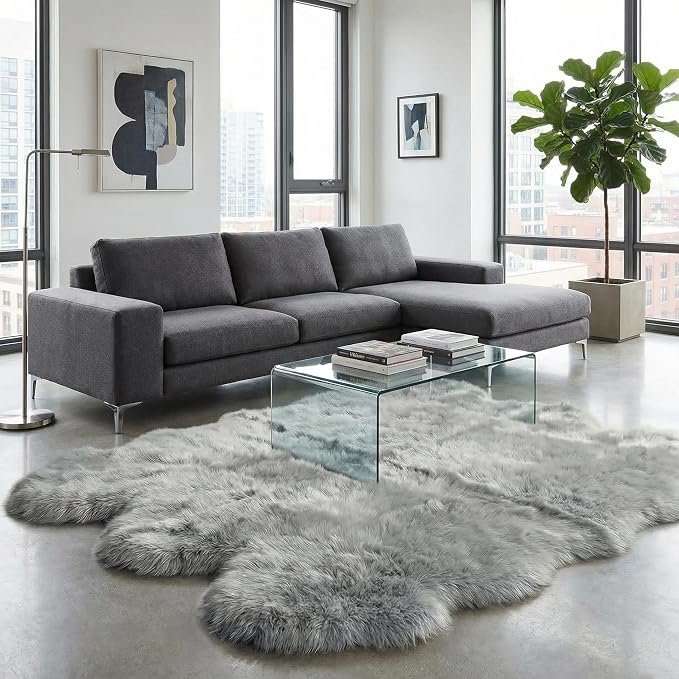 Super Area Rugs Premium Genuine Sheepskin Rug 5' x 6' Long Fur Soft & Natural Shaggy Living Room Rug, Silver Gray, Six Pelt