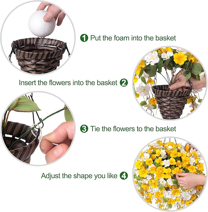 HyeFlora Artificial Fake Hanging Flower Plants Basket for Outdoors Decoration, Faux Silk Hibiscus Long Vines in Planter UV Resistant Realistic Flowers for Outside Patio Porch Home Decor (YellowWhite)