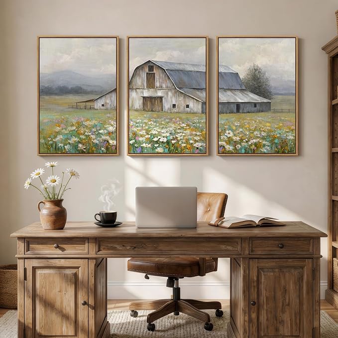 Framed Farmhouse Landscape Wall Art for Living Room, Set of 3 Colorful Floral Barn Large Canvas Prints, Rustic Country Wall Decor for Bedroom Dining Room Hallway 20x30 Inch