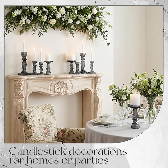 24 Pack Glass Candlestick Holders Set 4.3/6.1'' Taper Stripe Candle Holder Bulk Floral Shape Crystal Decorative Candle Stand Centerpiece for Table Wedding Dining (Black)