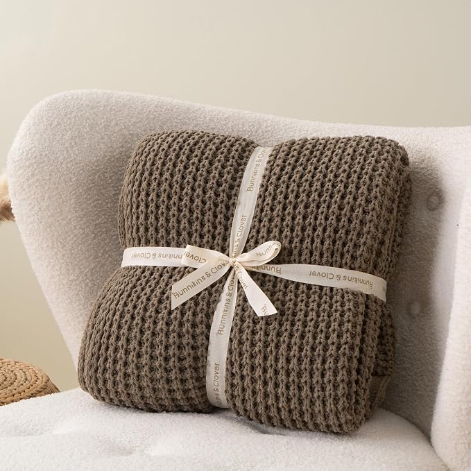 Bunnikins & Clover Knitted Waffle Throw Blanket 50x60 Inches, Camel Tan Throw Blanket for Couch, Tan Blanket Fluffy Cozy Knit Soft Throws for Women Mothers Birthday Gifts
