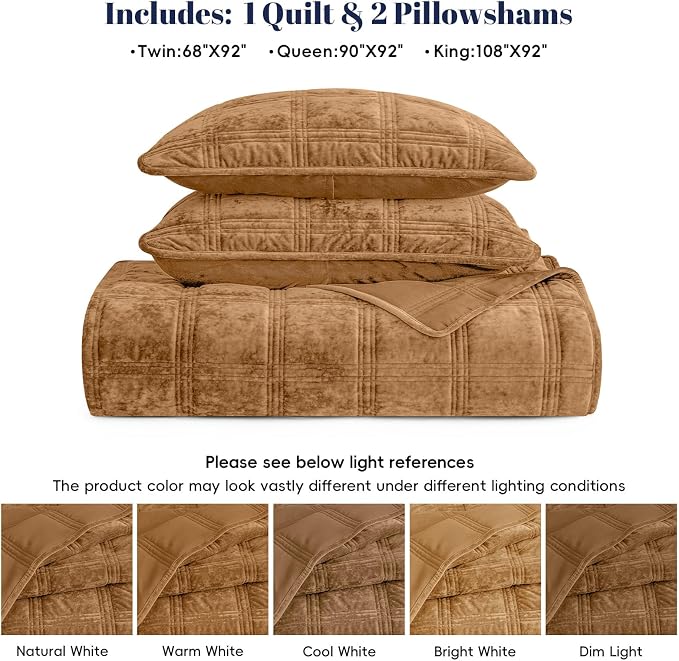 PHF Ultra Soft Velvet Quilt Set Queen Size – 3PCS Luxurious Cozy Quilted Comforter Alternative with Diamond Pattern, Warm Quilted Bedspread Coverlet, 90" x 92", Rusty Burnt Orange