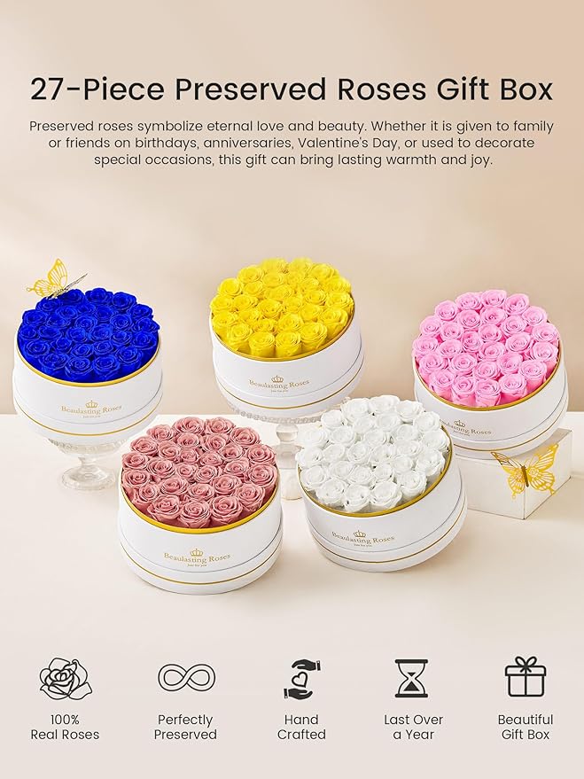 27 Preserved Roses Forever Flowers Real Roses in a Box Mother's Day Birthday Flowers for Her Mom Women Wife Valentine's Day, Royal Blue Roses