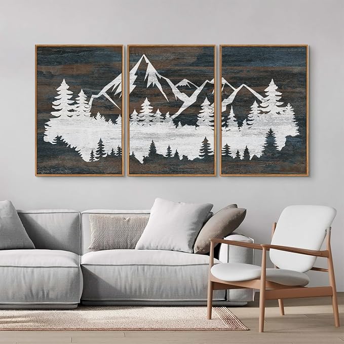 Rantodecor Vintage Mountain Framed Canvas Wall Art, White Snowy Nature Landscape Wall Decor, Rustic Wilderness Forest Art Paintings, Modern Farmhouse Artwork for Bedroom Living Room Office 24"x36"x3