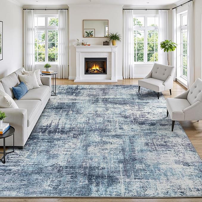 Lofus 8x10 Area Rug for Living Room, Blue Abstract Large Rugs with Non-Slip Backing, Neutral Modern Washable Carpet for Bedroom Dining Room Home Office Nursery Indoor