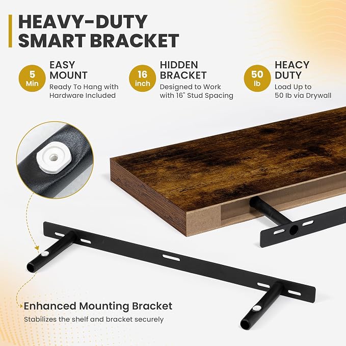 Acovy 24 Inch Floating Shelves, 9.3" Deep Floating Shelf Wall Mounted, 24" Wall Shelves, Rustic Deep Bookshelf, Large Display Shelves & Storage Shelves for Bedroom, Living Room, Brown, Set of 2