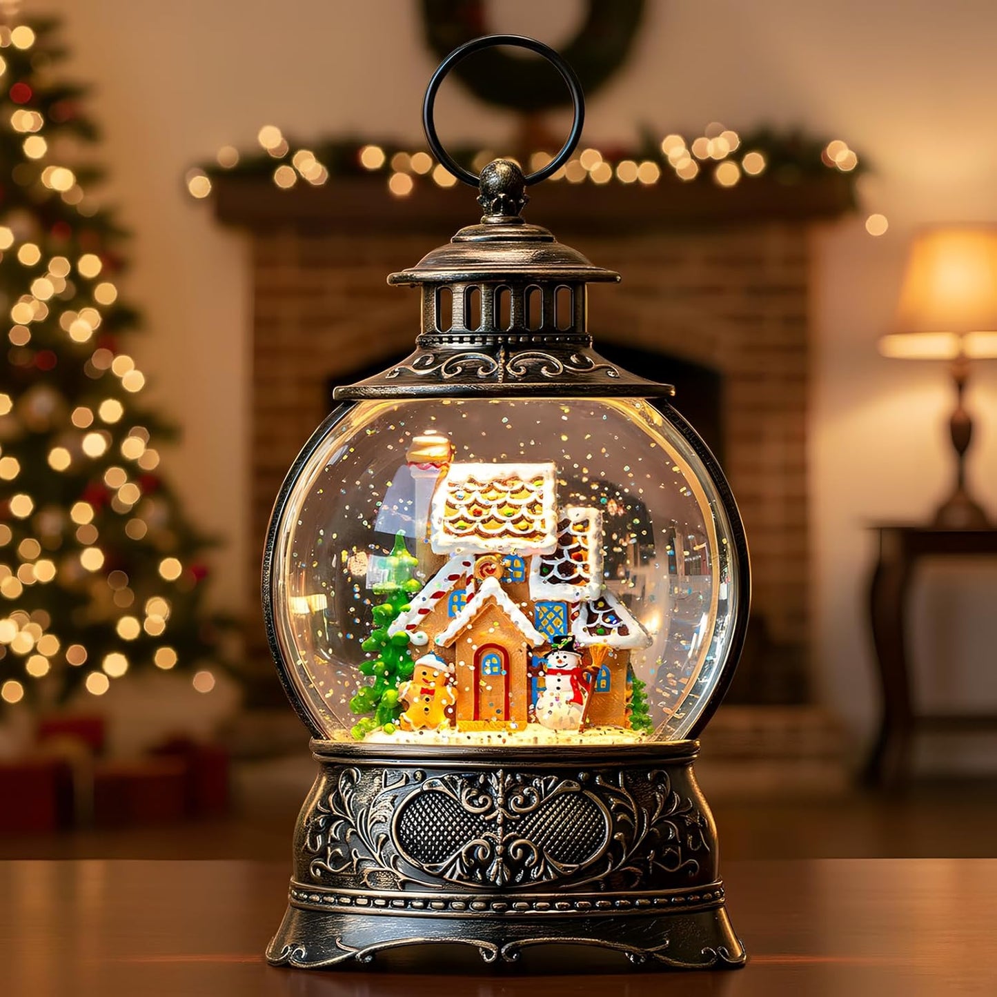 Christmas Snow Globes Christmas Water Lantern with Gingerbread Man & Snowman, Music & 6H Timer, USB Lined/Battery Operated Lighted Lanterns for Xmas Festival Decoration Gifts