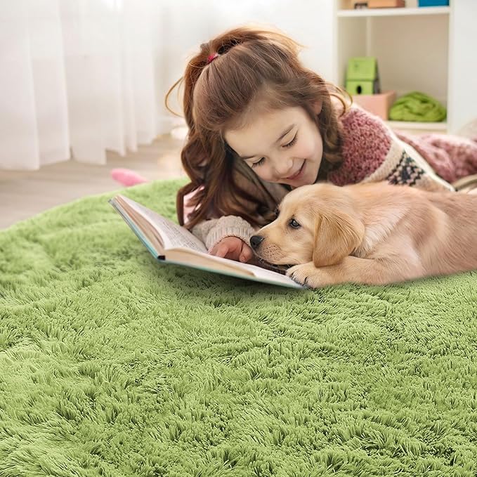 OLANLY Grass Green Round Rugs for Bedroom - Machine Washable, 5 ft Circle Area Rugs for Living Room, Soft and Fluffy Shaggy Carpet for Teen Girls and Boys, Nursery Rooms, Dorms, Home Decor Aesthetic