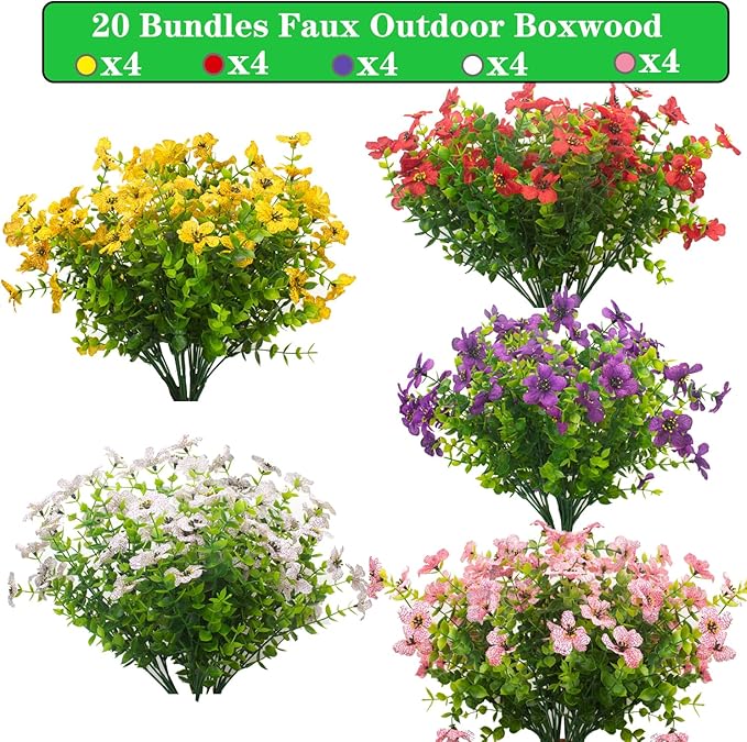Grunyia 20 Bundles Artificial Flowers for Outdoors, UV Resistant Fake Plants Flowers Greenery Shrubs Plants for Decoration Outside Plants Hanging Planter Home Garden Decor