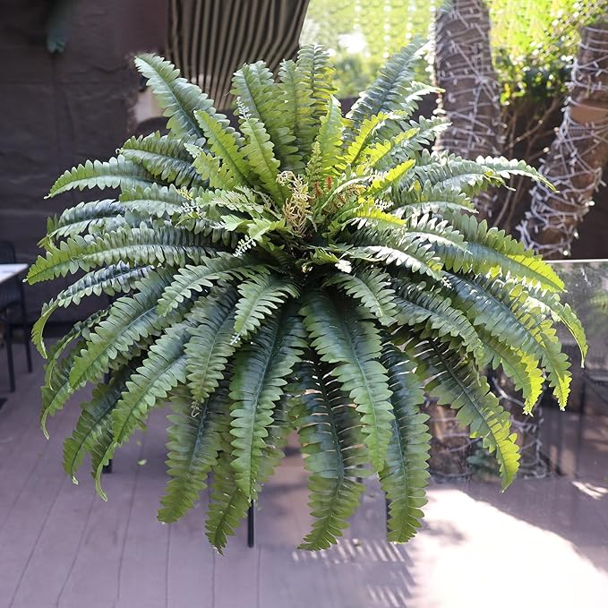 Artificial Ferns for Outdoors, 45" Large Faux Ferns 63 Fronds Fake Boston Fern Plant for Planter Garden Home Yards Farmhouse Decor 2 PCS Dark Green