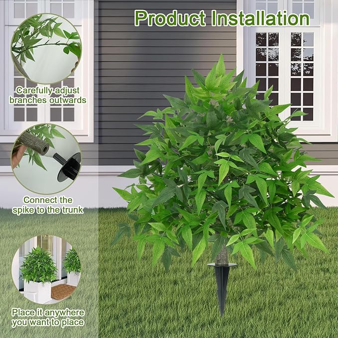 24" Artificial Bamboo Tree with Ground Spike Topiary Balls Artificial Outdoor Set of 2 Faux Boxwood Topiary Ball Trees for Front Porch UV Resistant Fake Bushes for Outdoors Garden Yard Patio Decor