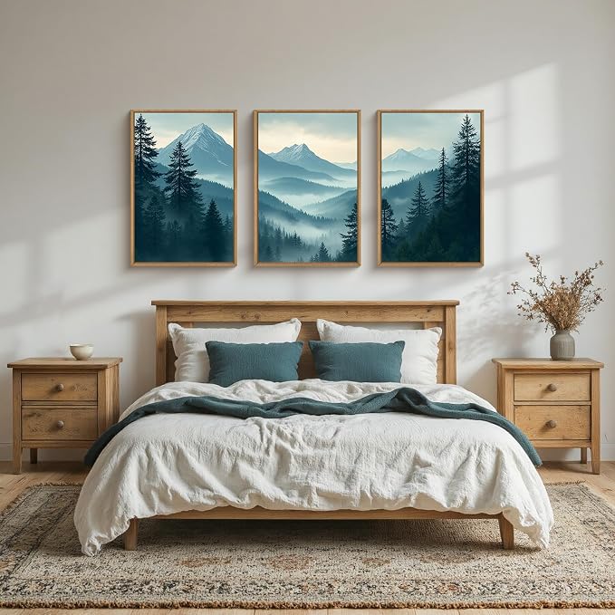 Large Misty Mountain Forest Framed Canvas Wall Art,Nature Pine Tree Wall Decor,Foggy Snow Woodland Painting,Watercolor Scenery Artwork for Living Room,Bedroom,Dining Room,Office -16"x24"x3