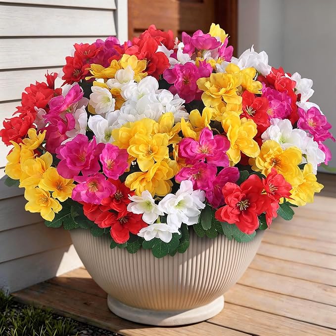 8 Bundles Artificial Flowers for Front Door, Fake Silk Azalea Bouquet Silk Flowers for Outside UV Resistant Realistic Faux Plants for Planter Farmhouse Patio Garden Walkways Home Decor (Mixed Color)