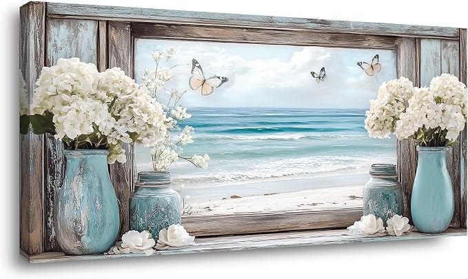 Ggaafet Beach Window Wall Art for Bedroom Canvas Painting Prints Romance Flower Floral Art Deco Romantic Artwork Office Family Room Decor