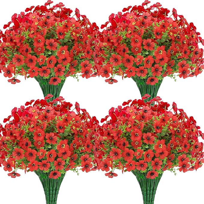 MERIXMAS 24 Bundles Artificial Flowers for Outdoors Decorations, Fake Flowers Artificial Plants Outdoor, Colorful Daisy Eucalyptus Realistic UV Resistant for Garden Patio Porch Home Decor, Red