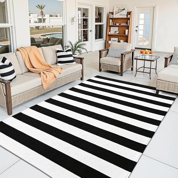 OLANLY Black and White Striped Rug 3' x 5' – Washable Cotton Indoor Outdoor Doormat for Front Door, Entryway, Kitchen, Porch, Patio Decor