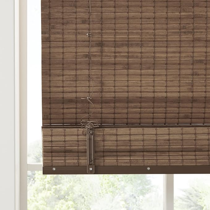 Madison Park Eastfield 100% Bamboo Cordless Roman Shades-Woven Wooden Privacy Panel, Light Filtering Easy Installation Window Blind Treatment, Bedroom, Living Room Decor, 27" W x 64" L, Teak