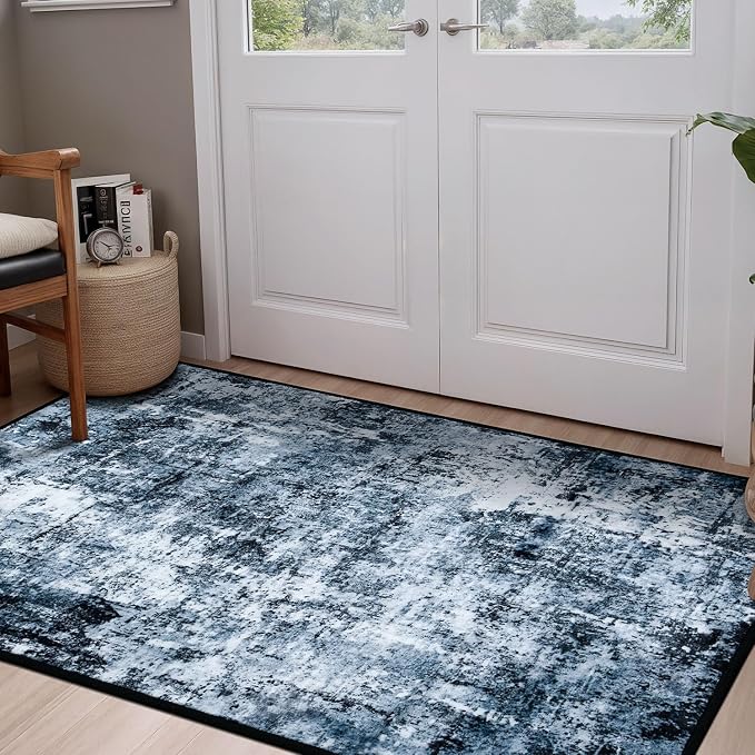 Rugflix 3x6 Entrance Rugs, Entry Rug Washable Non-Slip Stain-Resistant Low Pile Small Modern Dark Carpet, for Living Room Bedroom Indoor, Navy Blue/Black
