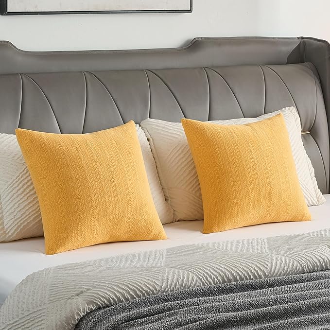 FUTEI Mustard Yellow Chenille Throw Pillow Covers 16x16 Inch Set of 2,Soft Striped & Diamond Textured Cushion Cases,Modern Home Decor for Couch Living Room