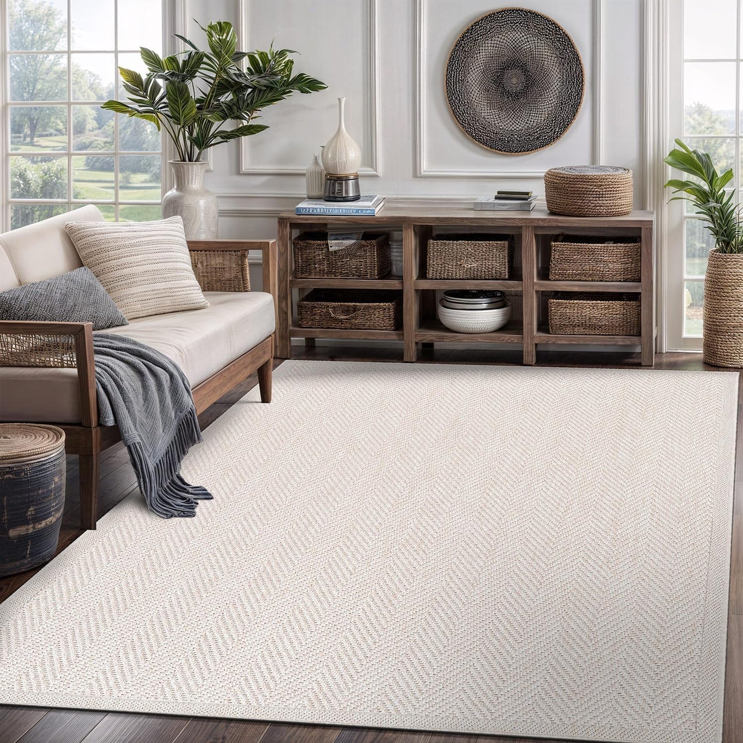 CAMILSON Easy Jute Rug 6x9, Indoor Outdoor Off-White Color Fiber Area Rugs for Living Room Patio and Bedroom Rug Herringbone Seagrass Woven Design Easy-Cleaning, Washable Outside Carpet Alfombras 6x9