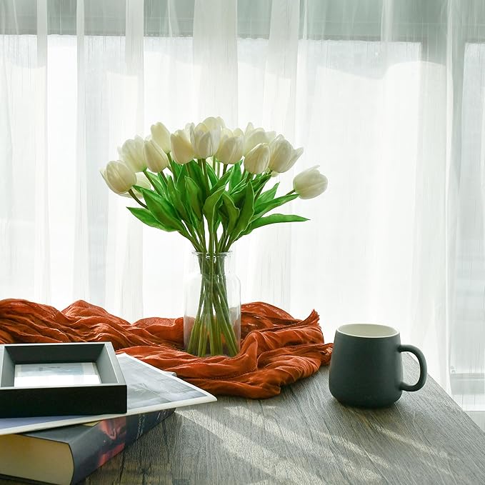 Mandy's White Artificial Tulips Flowers Centerpiece, 13.5" Lifelike PU Fake Floral Stems 12pcs for Kitchen Island & Dining Table, Spring Decor for Easter
